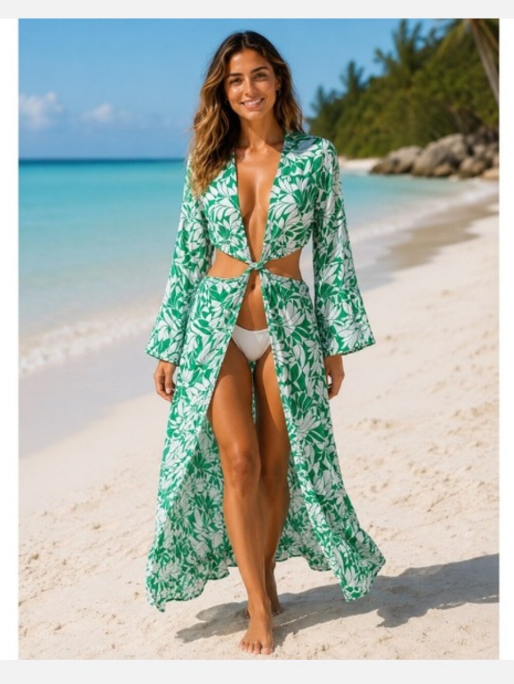 NWT Shade & Shore Long Sleeve Green and White Twist Front Maxi Cover Up Medium
